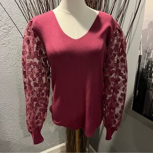 🌺SIONI BURGUNDY PUFF SLEEVE V-NECK SWEATER SIZE LARGE 🌺